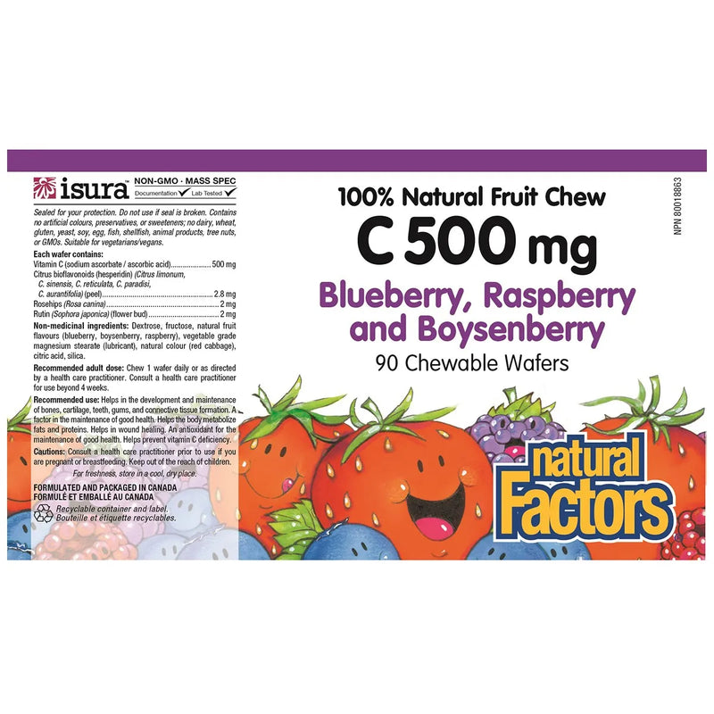 100% Natural Fruit Chew C 500 mg · Blueberry, Raspberry and Boysenberry