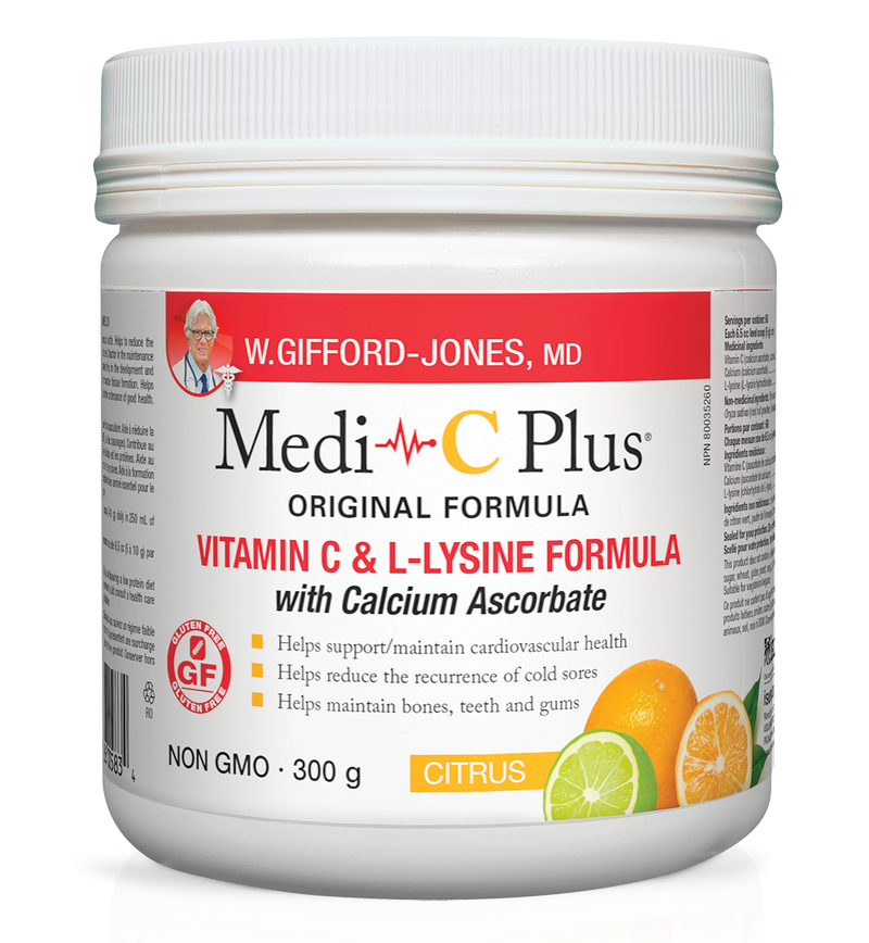 W. Gifford-Jones, MD · Medi C Plus · Vitamin C & L-Lysine Formula with Calcium Ascorbate · Citrus Flavour